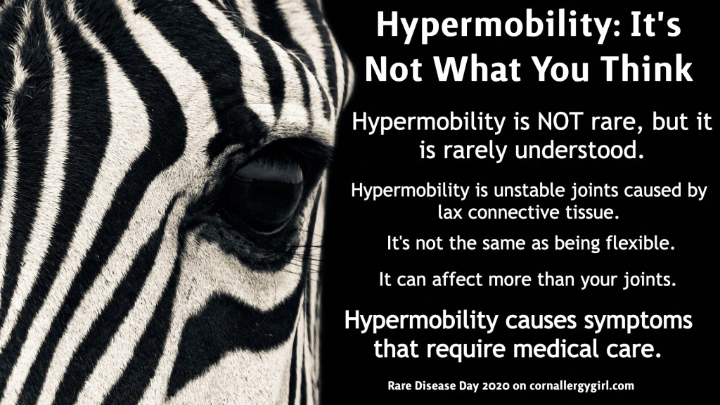 Infographic on Hypermobility: The background is a close up photo of a zebra eye and nose. On the right is text, as described in the image description, with some facts about hypermobility.