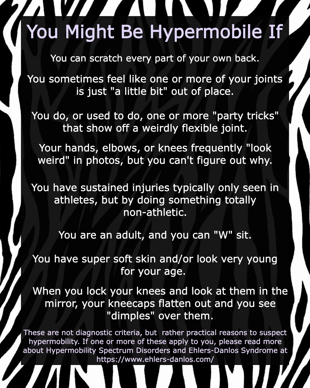 Infographic describing practical reasons to suspect hypermobility. Text in image description.